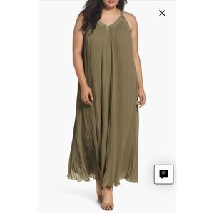 Michael Kors Pleated Maxi Dress Women's 3X Olive Green Gold Grommet Encore